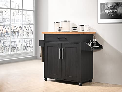 Hodedah Kitchen Island with Spice Rack, Towel Rack & Drawer, Black with Beech Top