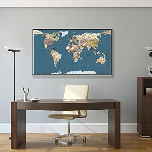 WELMECO Large Office Wall Decoration Detailed World Map Canvas Prints with Premium White frame Push Pins Travel Map of The World Picture Artwork for Modern Home Office Living Room Decor