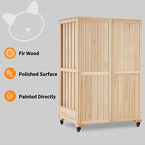 MCombo Luxury Cat House with Scratching Post, Wooden Large Cat Villa with Wheels, Multi-Feature Cat Condo with Escape Door, Cat Cages Enclosures with Shelter Indoor/Outdoor 6012-CT83 (Natural)