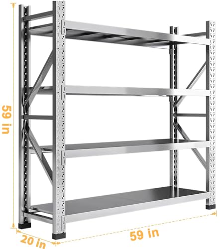 KINGBO Heavy Duty Garage Shelving, 4 Shelf Adjustable Stainless Steel Industrial Storage Rack, 59