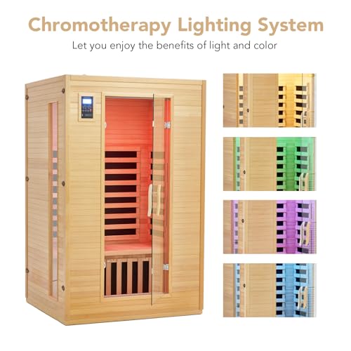 2 Person Sauna, Low EMF 6 Heating Plate Infrared Physical Therapy Wooden Dry Steam Sauna with MP3 Auxiliary Connection, Dual Controls, Iron Shirt Wall Plate, Home Spa Day Use, Winter Gift