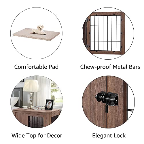 unipaws Furniture Style Dog Crate End Table with Cushion, Wooden Wire Pet Kennels with Double Doors, Medium Dog House Indoor Use (Walnut, Medium)