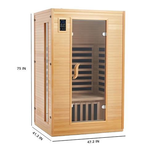 2 Person Sauna, Low EMF 6 Heating Plate Infrared Physical Therapy Wooden Dry Steam Sauna with MP3 Auxiliary Connection, Dual Controls, Iron Shirt Wall Plate, Home Spa Day Use, Winter Gift