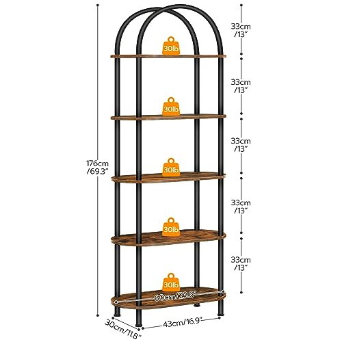 HOOBRO 5 Tier Open Bookshelf, Industrial Arched Bookcase Display Shelf Racks, Wooden Bookcase Storage Shelves Metal Frame, Tall Storage Organizer for Home, Easy Assembly, Rustic Brown BF176SJ01