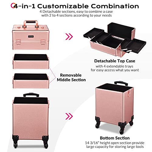 BYOOTIQUE Rolling Manicure Table 4in1 Makeup Train Case Foldable Nail Desk Cosmetology Case on Wheels with Built-in Dust Collector for Technician Workstation Mobile Artist Home Spa Beauty Salon, Pink