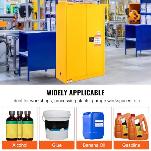 VEVOR Safety 45 Gal, Cold-Rolled Steel Flammable Liquid Storage Cabinet, 42.9 x 18.1 x 65.2 in Explosion Proof with 2 Adjustable Shelves 2 Manual Doors for Industrial Use, Yellow