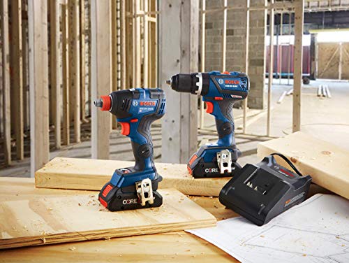 BOSCH GXL18V-251B25 18V 2-Tool Combo Kit with 1/4 In. and 1/2 In. Two-In-One Impact Driver, Compact Tough 1/2 In. Hammer Drill/Driver and (2) CORE18V 4.0 Ah Batteries