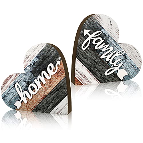 Jetec 2 Pcs Rustic Wood Home Sign Farmhouse Love Wooden Heart Shaped Table Centerpiece Valentines Day Decoration for Home Kitchen Living Room Dining Room Table Decoration (Simple Style)
