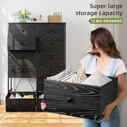 EnHomee Tall Dressers for Bedroom, 12 Drawer with Wooden Top and Metal Frame, Fabric Dresser & Chest of Drawers for Closet Living Room, Black Wood Veins, 11.9