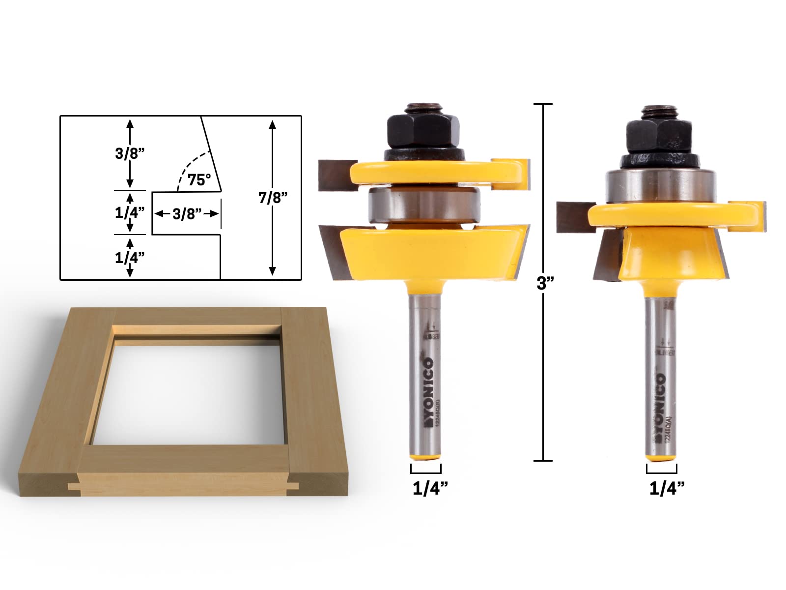 YONICO Cabinet Door Rail and Stile Router Bits Set 2 Bit Shaker 1/4-Inch Shank 12249q