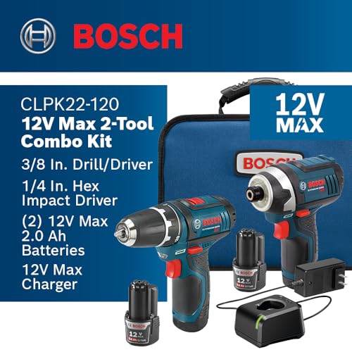 BOSCH CLPK22-120 12V Max Cordless 2-Tool 3/8 in. Drill/Driver and 1/4 in. Impact Driver Combo Kit with 2 Batteries, Charger and Case,Blue