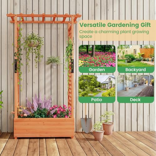 Giantex Raised Garden Bed with 2-Sided Trellis & Hanging Roof, Fir Wood Planter Box w/Drainage Holes, Bottom Gaps, Freestanding Garden Planter for Flowers Herbs Climbing Vines (43.5