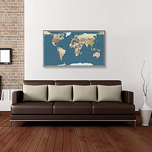 WELMECO Large Office Wall Decoration Detailed World Map Canvas Prints with Premium White frame Push Pins Travel Map of The World Picture Artwork for Modern Home Office Living Room Decor