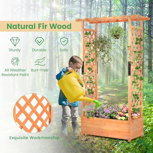 Giantex Raised Garden Bed with 2-Sided Trellis & Hanging Roof, Fir Wood Planter Box w/Drainage Holes, Bottom Gaps, Freestanding Garden Planter for Flowers Herbs Climbing Vines (43.5