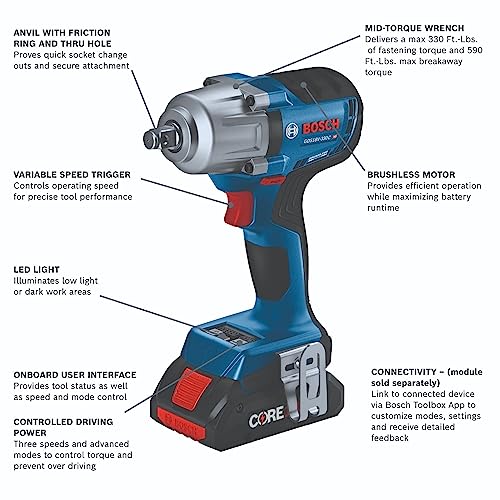 BOSCH GDS18V-330CB25 18V Brushless Connected-Ready 1/2 In. Mid-Torque Impact Wrench Kit with Friction Ring and Thru-Hole and (2) CORE18V? 4 Ah Advanced Power Batteries