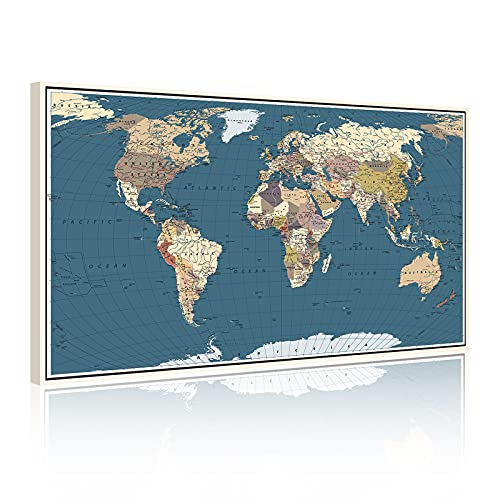 WELMECO Large Office Wall Decoration Detailed World Map Canvas Prints with Premium White frame Push Pins Travel Map of The World Picture Artwork for Modern Home Office Living Room Decor