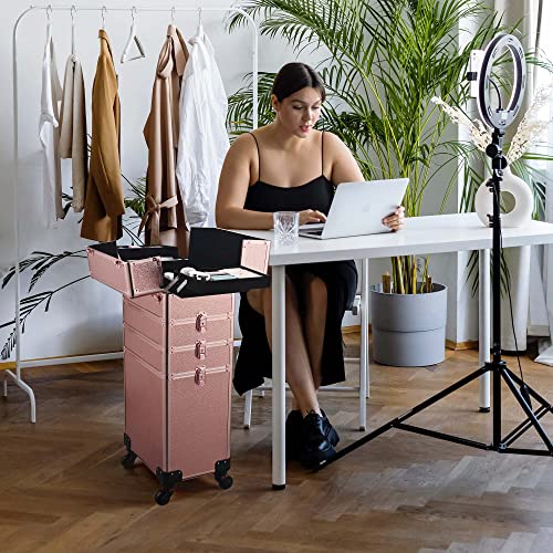 BYOOTIQUE Rolling Manicure Table 4in1 Makeup Train Case Foldable Nail Desk Cosmetology Case on Wheels with Built-in Dust Collector for Technician Workstation Mobile Artist Home Spa Beauty Salon, Pink