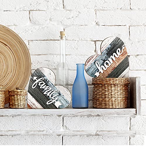 Jetec 2 Pcs Rustic Wood Home Sign Farmhouse Love Wooden Heart Shaped Table Centerpiece Valentines Day Decoration for Home Kitchen Living Room Dining Room Table Decoration (Simple Style)