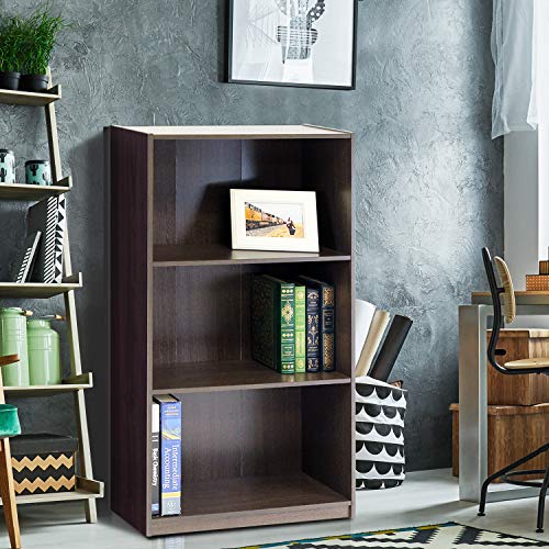 Furinno Basic 3-Tier Bookcase Storage Shelves, Dark Brown