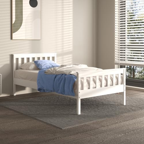 Urban Home Furniture Classic Shaker Style Farmhouse Rustic Solid Pine Platform Bed, Solid Wood Foundation with Wood Slat Support, No Box Spring Needed, Easy Assembly, White, Twin