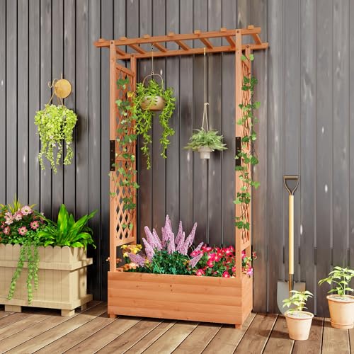 Giantex Raised Garden Bed with 2-Sided Trellis & Hanging Roof, Fir Wood Planter Box w/Drainage Holes, Bottom Gaps, Freestanding Garden Planter for Flowers Herbs Climbing Vines (43.5