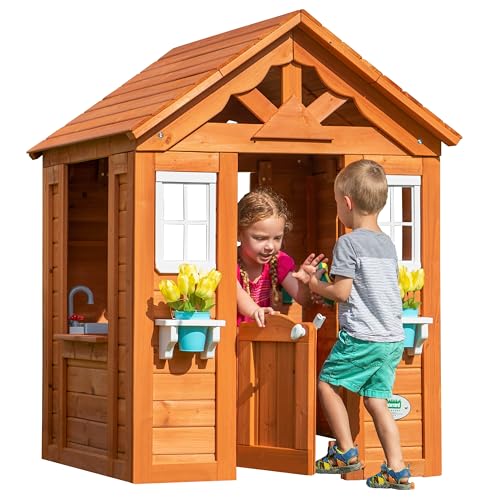 Backyard Discovery Timberlake All Cedar Wooden Playhouse, Country Cottage, Sink, Stove, White Trimmed Windows, Kitchen with Sink and Stove, Flowerpot Holders, Ages 2-6