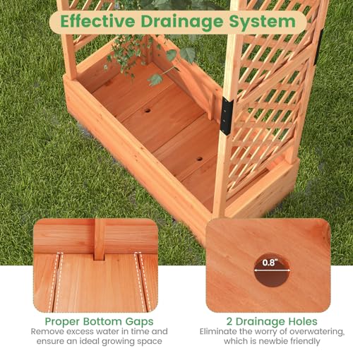 Giantex Raised Garden Bed with 2-Sided Trellis & Hanging Roof, Fir Wood Planter Box w/Drainage Holes, Bottom Gaps, Freestanding Garden Planter for Flowers Herbs Climbing Vines (43.5