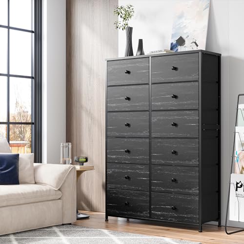EnHomee Tall Dressers for Bedroom, 12 Drawer with Wooden Top and Metal Frame, Fabric Dresser & Chest of Drawers for Closet Living Room, Black Wood Veins, 11.9