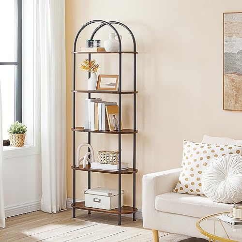 HOOBRO 5 Tier Open Bookshelf, Industrial Arched Bookcase Display Shelf Racks, Wooden Bookcase Storage Shelves Metal Frame, Tall Storage Organizer for Home, Easy Assembly, Rustic Brown BF176SJ01