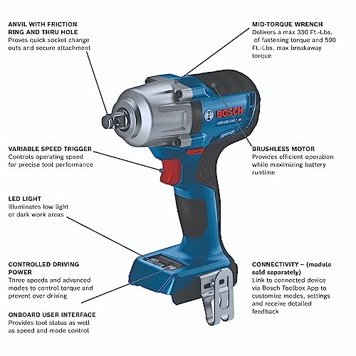 BOSCH GDS18V-330CN 18V Brushless Connected-Ready 1/2 In. Mid-Torque Impact Wrench with Friction Ring and Thru-Hole (Bare Tool)