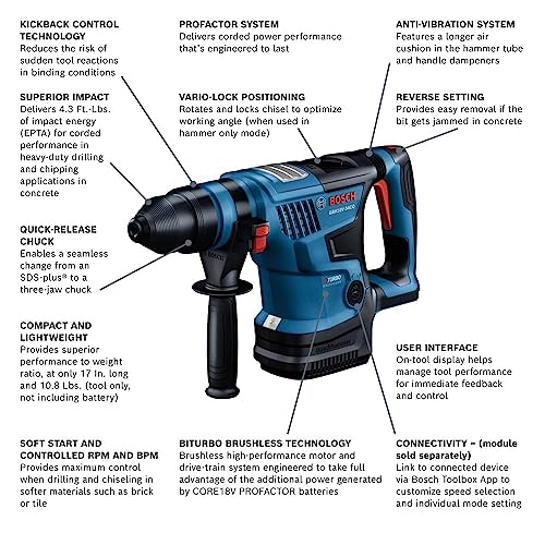 BOSCH GBH18V-34CQN PROFACTOR? 18V Connected-Ready SDS-plus? Bulldog? 1-1/4 In. Rotary Hammer (Bare Tool)