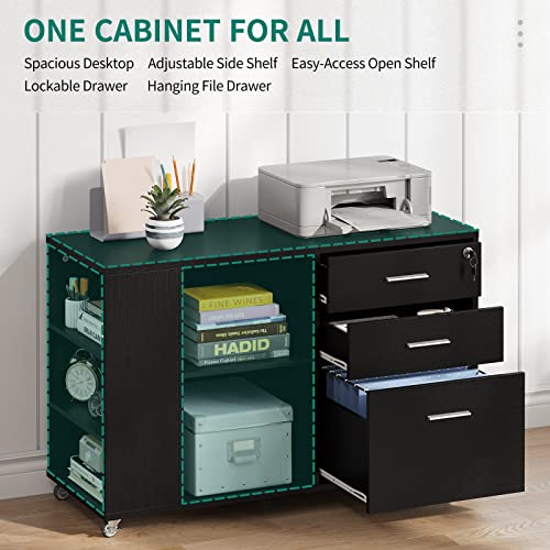 YITAHOME Mobile Wood File Cabinet, 3 Drawer Lateral Filing Cabinet with Open Side Storage Shelves, Printer Stand Storage Cabinet Fits Letter, A4, Legal Size for Home Office Organization, Black