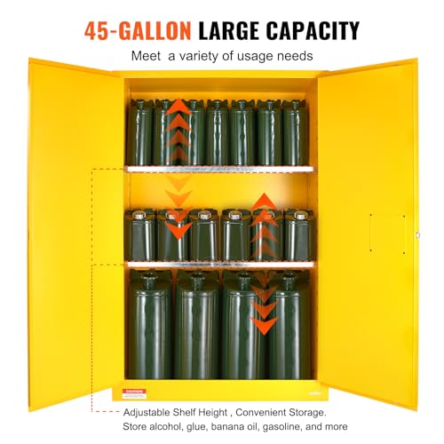 VEVOR Safety 45 Gal, Cold-Rolled Steel Flammable Liquid Storage Cabinet, 42.9 x 18.1 x 65.2 in Explosion Proof with 2 Adjustable Shelves 2 Manual Doors for Industrial Use, Yellow