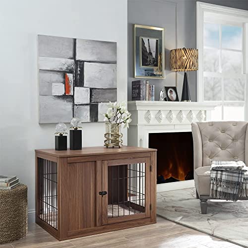 unipaws Furniture Style Dog Crate End Table with Cushion, Wooden Wire Pet Kennels with Double Doors, Medium Dog House Indoor Use (Walnut, Medium)