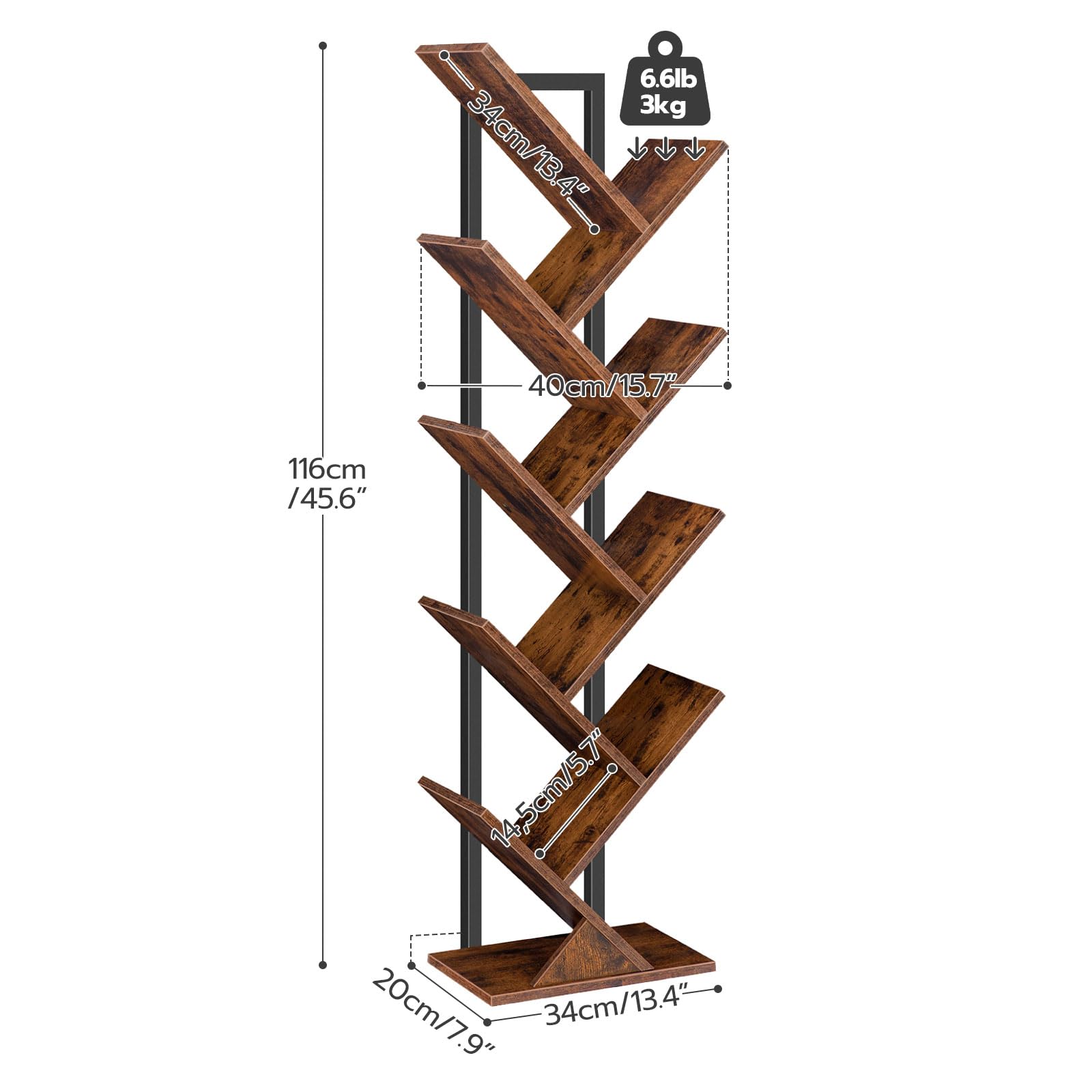 HOOBRO Tree Bookshelf, 9-Tier Bookcase Wooden Shelves, Floor Standing Storage Rack, for Display of CDs, Books in Living Room, Home Office, Wood Storage Rack for Bedroom, Rustic Brown BF08SJ01G1