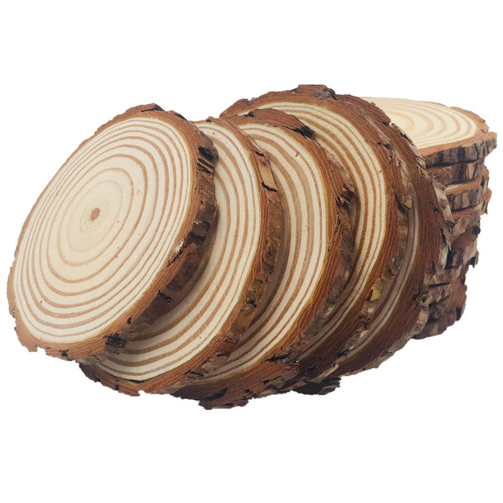 10pcs Wood Slices 4-4.7 inch Unfinished Natural with Tree Barks Diameter Large Circle Rustic Wedding Centerpiece Disc Coasters Christmas Ornaments DIY Woodland Projects Table Chargers Wedding