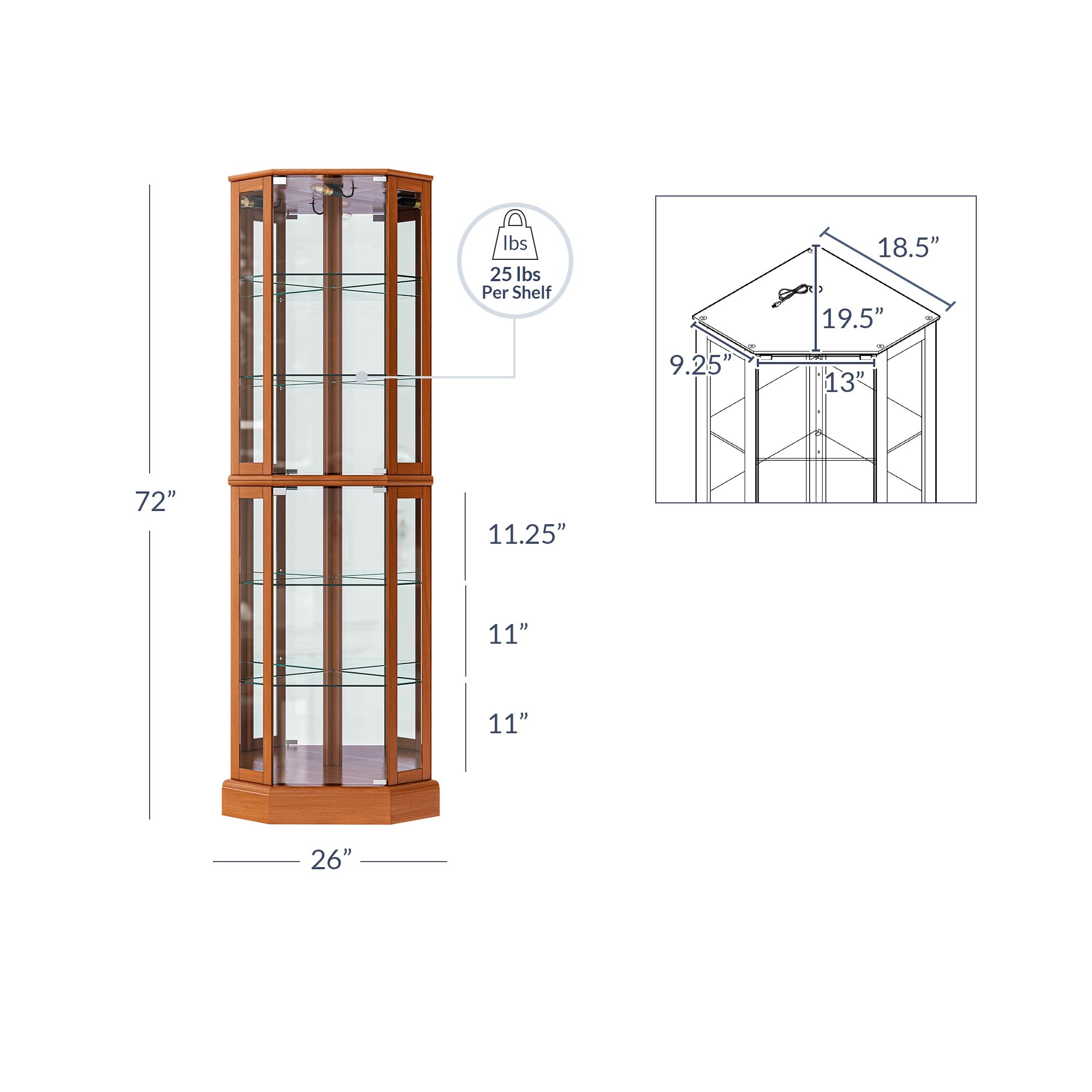 BELLEZE Lighted Curio Cabinet Corner Display Case for Living Room, China Hutch with Tempered Glass Doors and Shelves, Wooden Accent Cabinet, Bar and Liquor Storage Area - Ashfield (Oak)