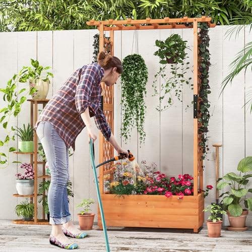 Giantex Raised Garden Bed with 2-Sided Trellis & Hanging Roof, Fir Wood Planter Box w/Drainage Holes, Bottom Gaps, Freestanding Garden Planter for Flowers Herbs Climbing Vines (43.5