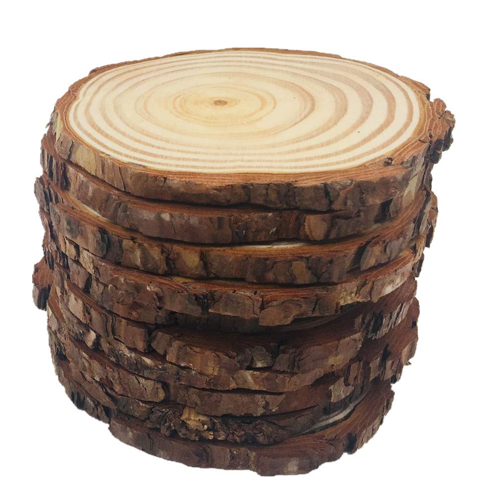 10pcs Wood Slices 4-4.7 inch Unfinished Natural with Tree Barks Diameter Large Circle Rustic Wedding Centerpiece Disc Coasters Christmas Ornaments DIY Woodland Projects Table Chargers Wedding