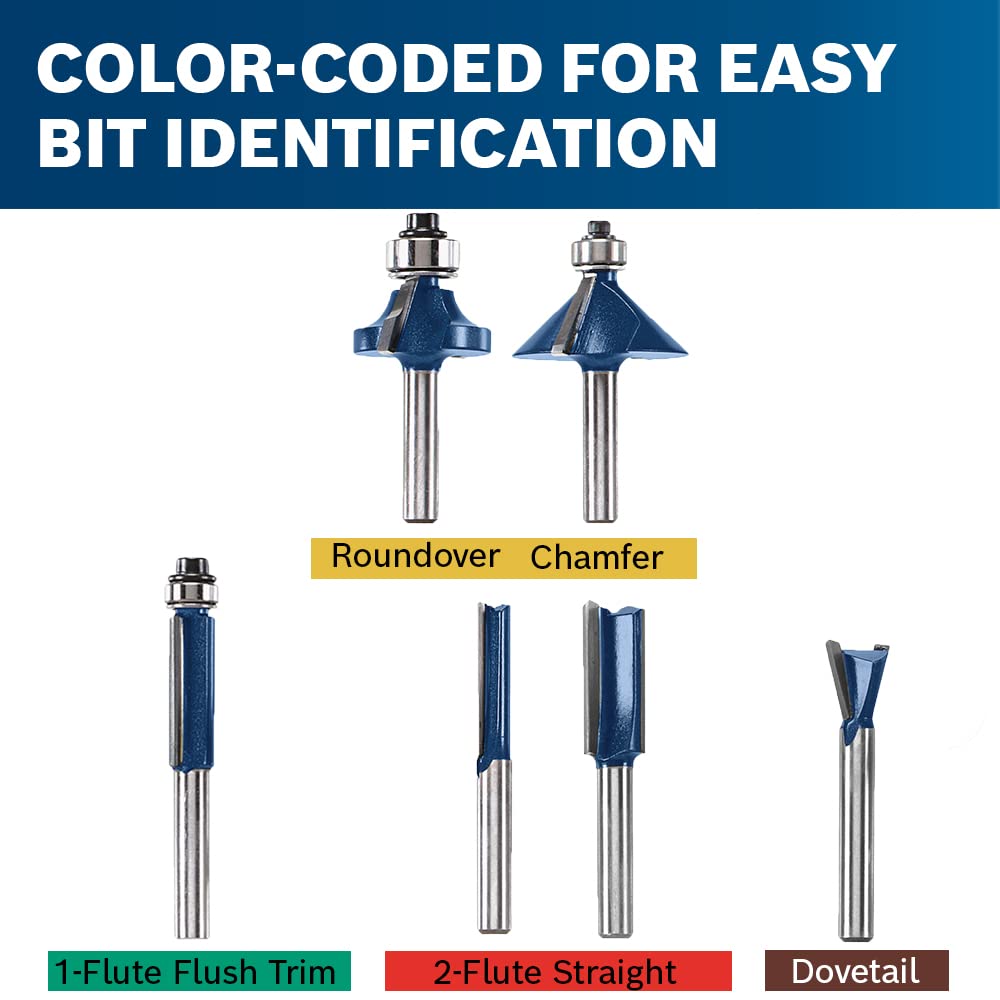 BOSCH RBS006 6-Piece 1/4 In. Shank Carbide-Tipped Multi-Purpose Router Bits Assorted Set with Included Storage Case for Applications in Straight, Trimming, Decorative Edging, Dovetail Joinery