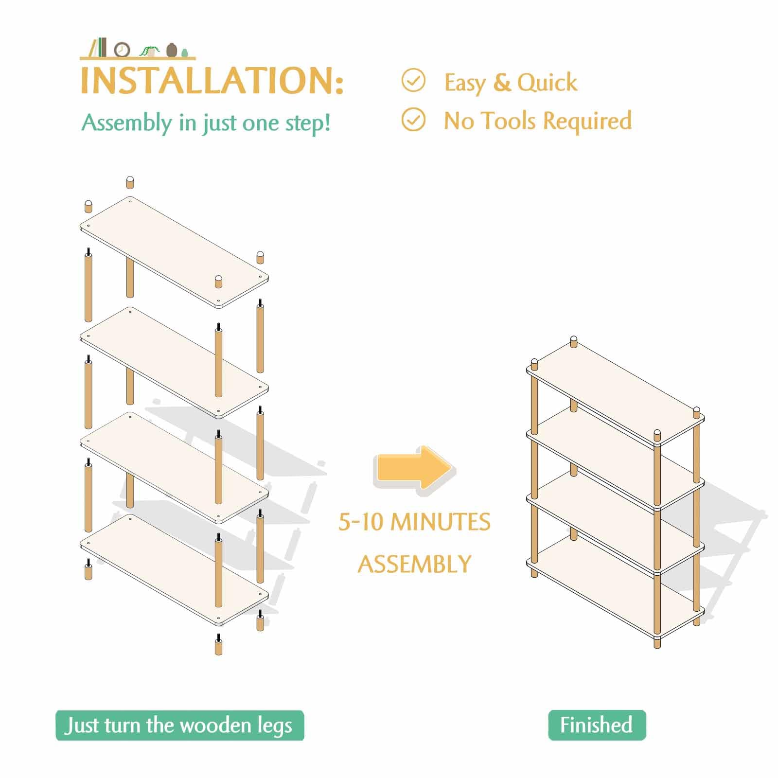 IOTXY 4-Tier Wooden Shelf Bookcase - Modern Open Bookshelf, Free Standing Storage Rack, Multifunctional Display Stand for Home and Office, White, Rectangle