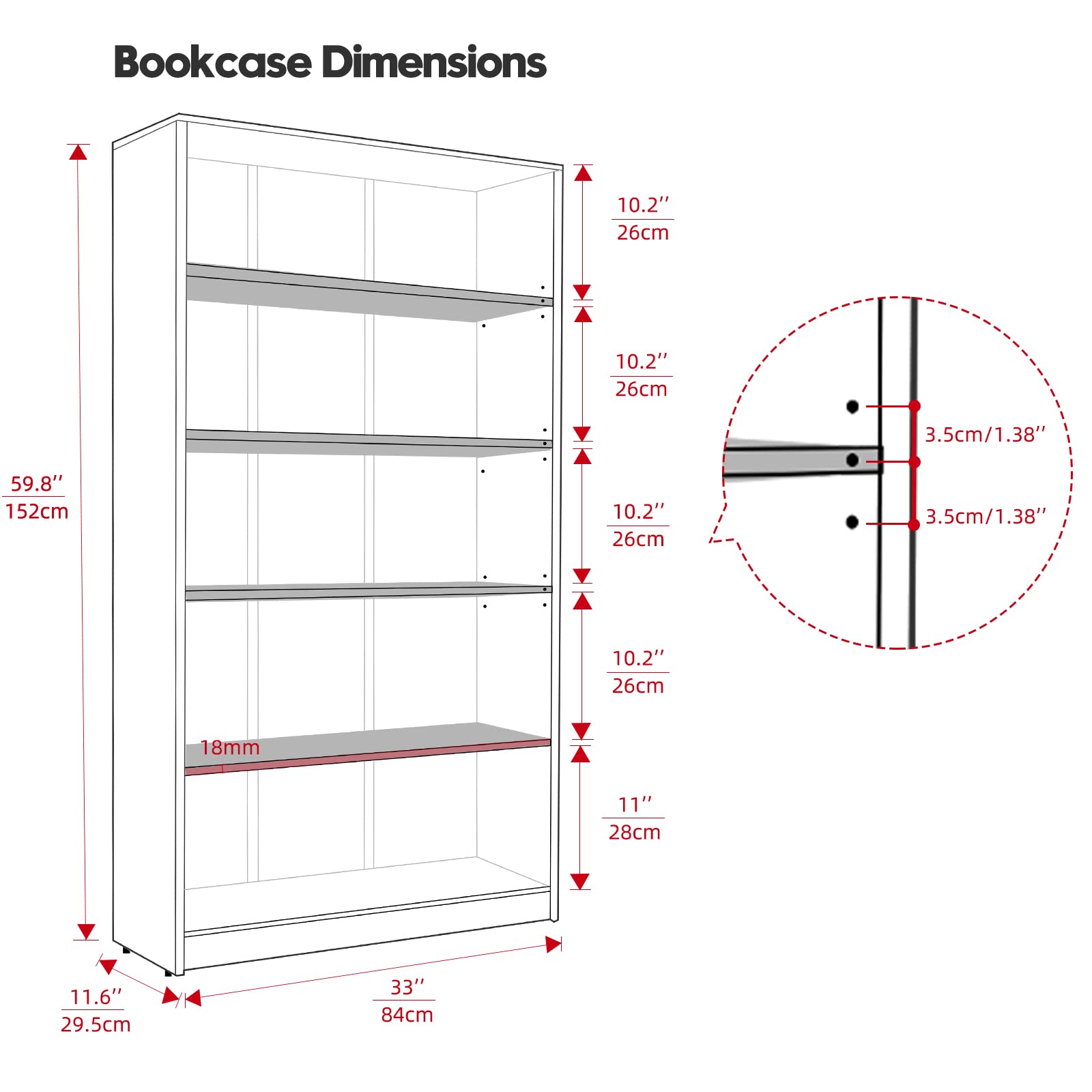 Wood Bookcase 5-Shelf Freestanding Display Wooden Bookshelf for Home Office School (11.6