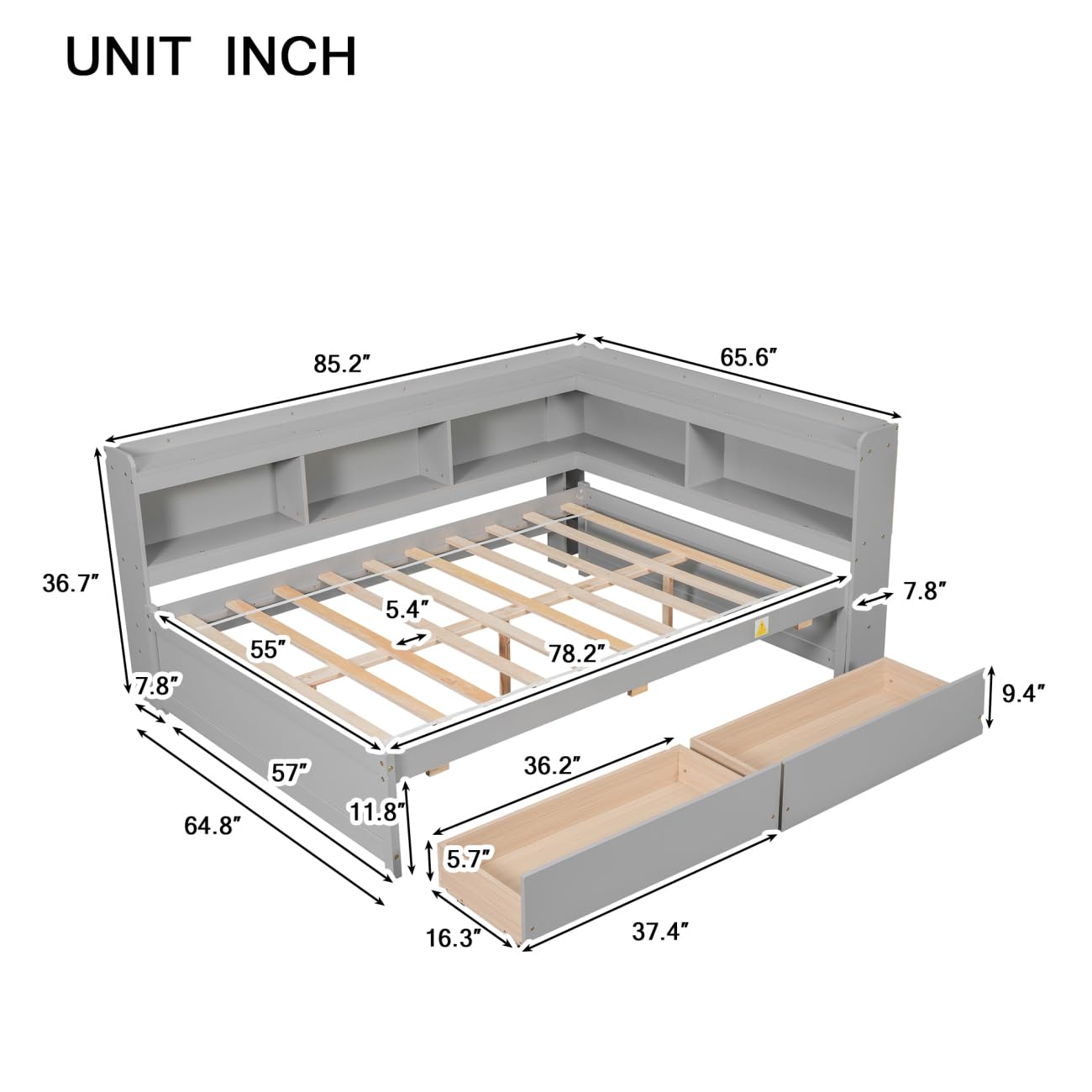 DNChuan Full Size Bed with Storage Drawers and Bookcase Headboard,Pine Wood L-Shaped Bookshelf/Shelves,Gray