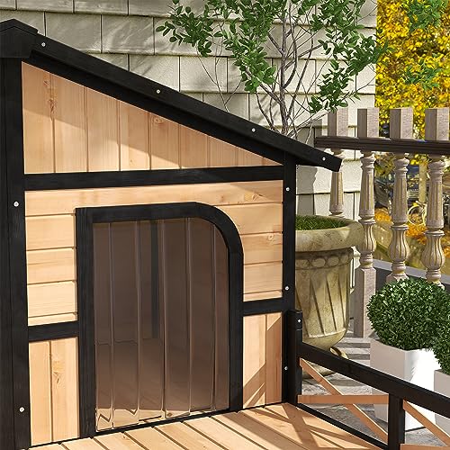 PawHut Wooden Large Dog House Outdoor Double XL Dog Kennel with Elevated Floor and Porch, Weatherproof Puppy Shelter for Small and Medium Breed Dogs, Natural