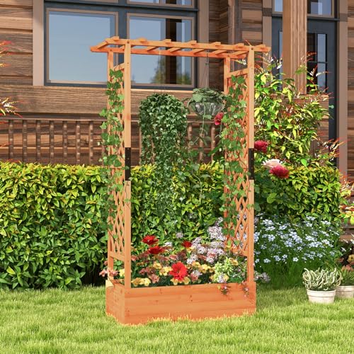 Giantex Raised Garden Bed with 2-Sided Trellis & Hanging Roof, Fir Wood Planter Box w/Drainage Holes, Bottom Gaps, Freestanding Garden Planter for Flowers Herbs Climbing Vines (43.5