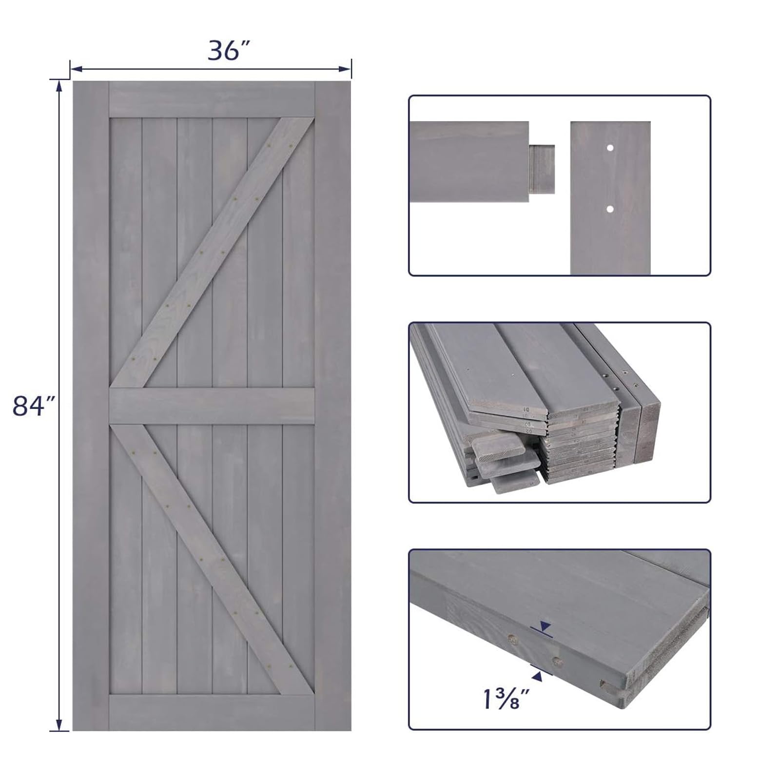 SMARTSTANDARD 36in x 84in Sliding Barn Door with 6.6ft Barn Door Hardware Kit & Handle, Pre-Drilled Ready to Assemble, DIY Unfinished Solid Spruce Wood Panelled Slab, K-Frame, Grey