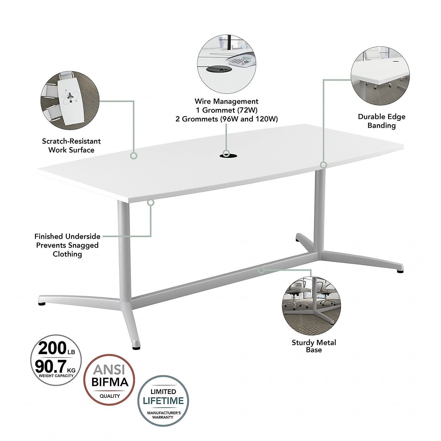 Bush Business Furniture Conference Table for 8-10 People | Boat Shaped 10 FT Engineered Wood Meeting Desk with Sturdy Metal Base for Office Boardrooms, 120W x 48D, White