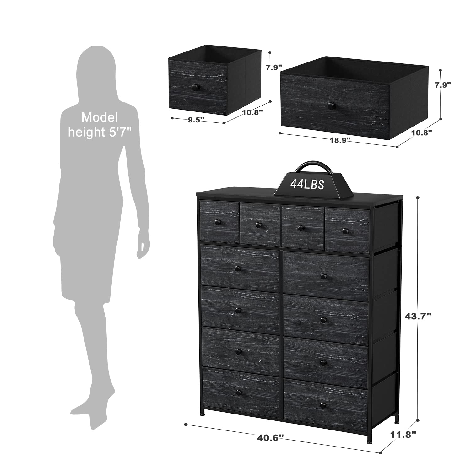 EnHomee Black Dresser for Bedroom with 12 Drawers, Bedroom Dresser with Wooden Top and Metal Frame, Tall Dressers & Chests of Drawers for Bedroom, Closet, 40.6