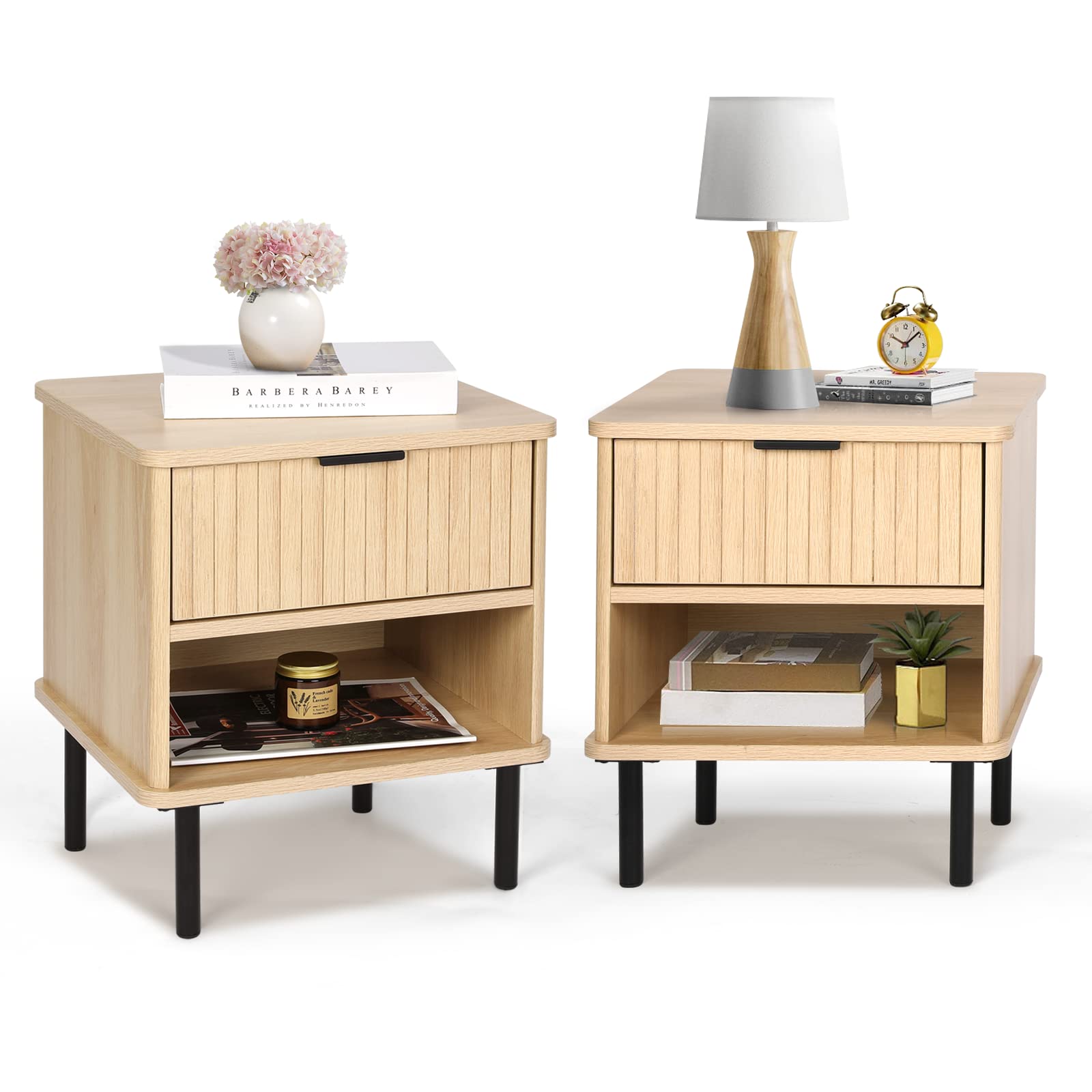 TUSY 2PCS Natural Oak Nightstand with Storage and Drawer, 2-Tier Bedside Table for Bedroom, Easy Assembly Fluted Night Stand
