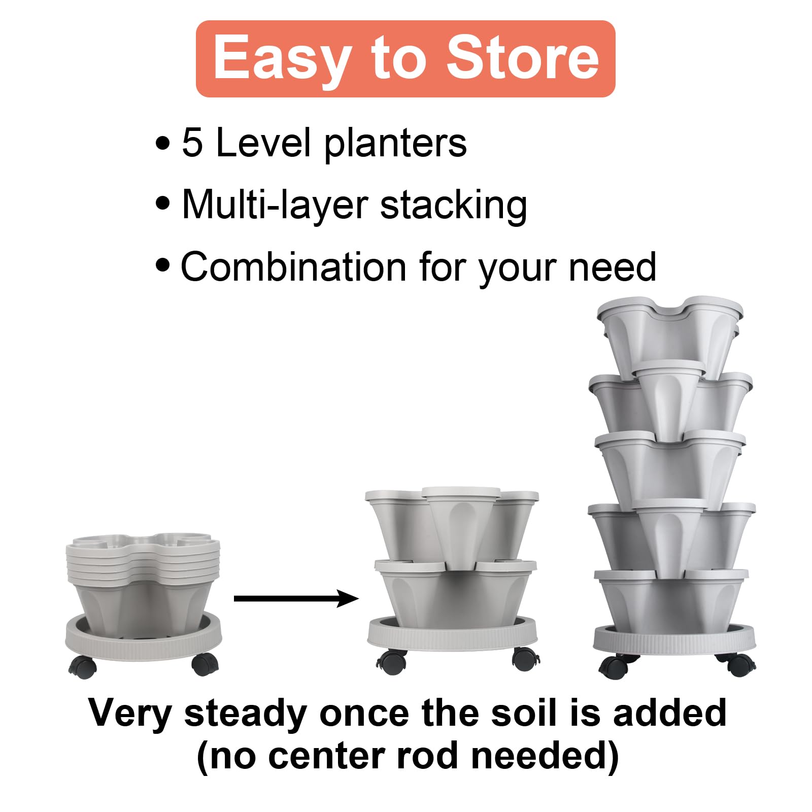 Vertical Planter 5 Tier Stackable Planters Garden Planters Strawberry Herb Flower and Vegetable Planter Indoor Outdoor Gardening Pots with Removable Wheels and Tools